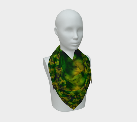 Yellow jade and green Purely Jade Light silk art scarf draped on a mannequin, showing a soft central mineral field by RJSTH.