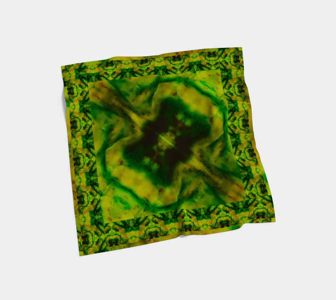 Yellow-green and deep green Purely Jade Light silk art scarf laid flat, showing a framed central panel with patterned border by RJSTH.