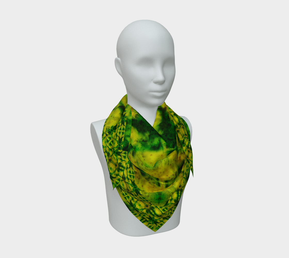 Yellow jade and vivid green Purely Jade Light silk art scarf draped on a mannequin, showing a central mineral-medallion field by RJSTH.