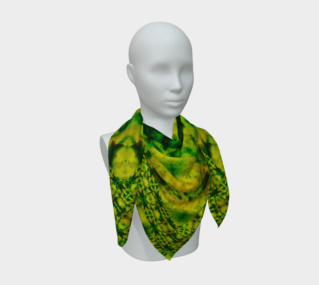 Yellow jade and vivid green Purely Jade Light silk art scarf draped on a mannequin, showing a brighter central mineral-medallion field by RJSTH.