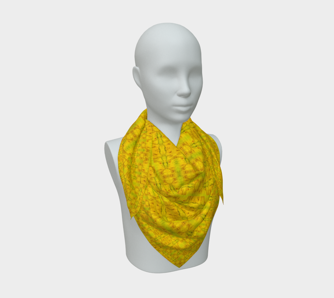 Yellow jade and light green Purely Jade Light silk art scarf draped on a mannequin, showing a soft luminous mineral-medallion field by RJSTH.