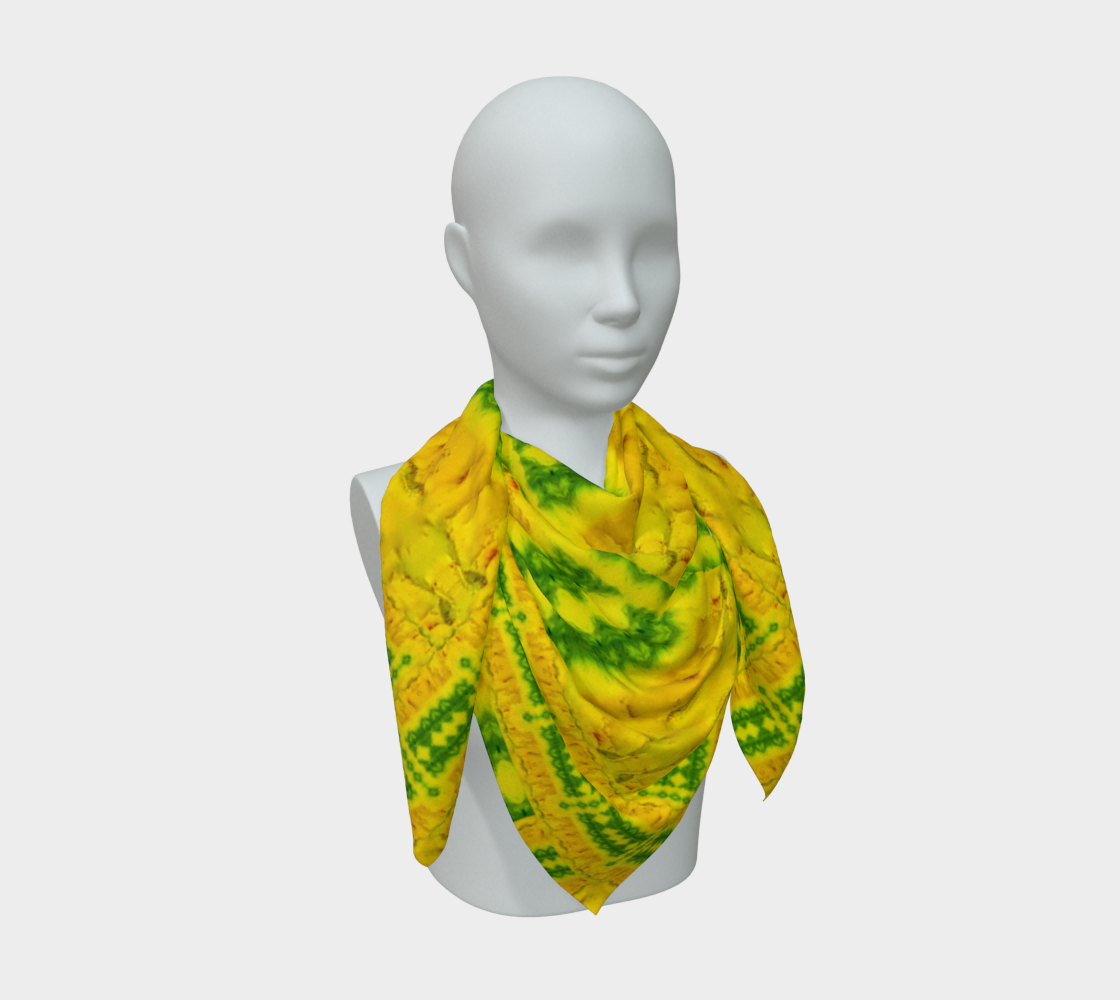 Bright yellow jade and green Purely Jade Light silk art scarf draped on a mannequin, showing a denser banded panel field by RJSTH.