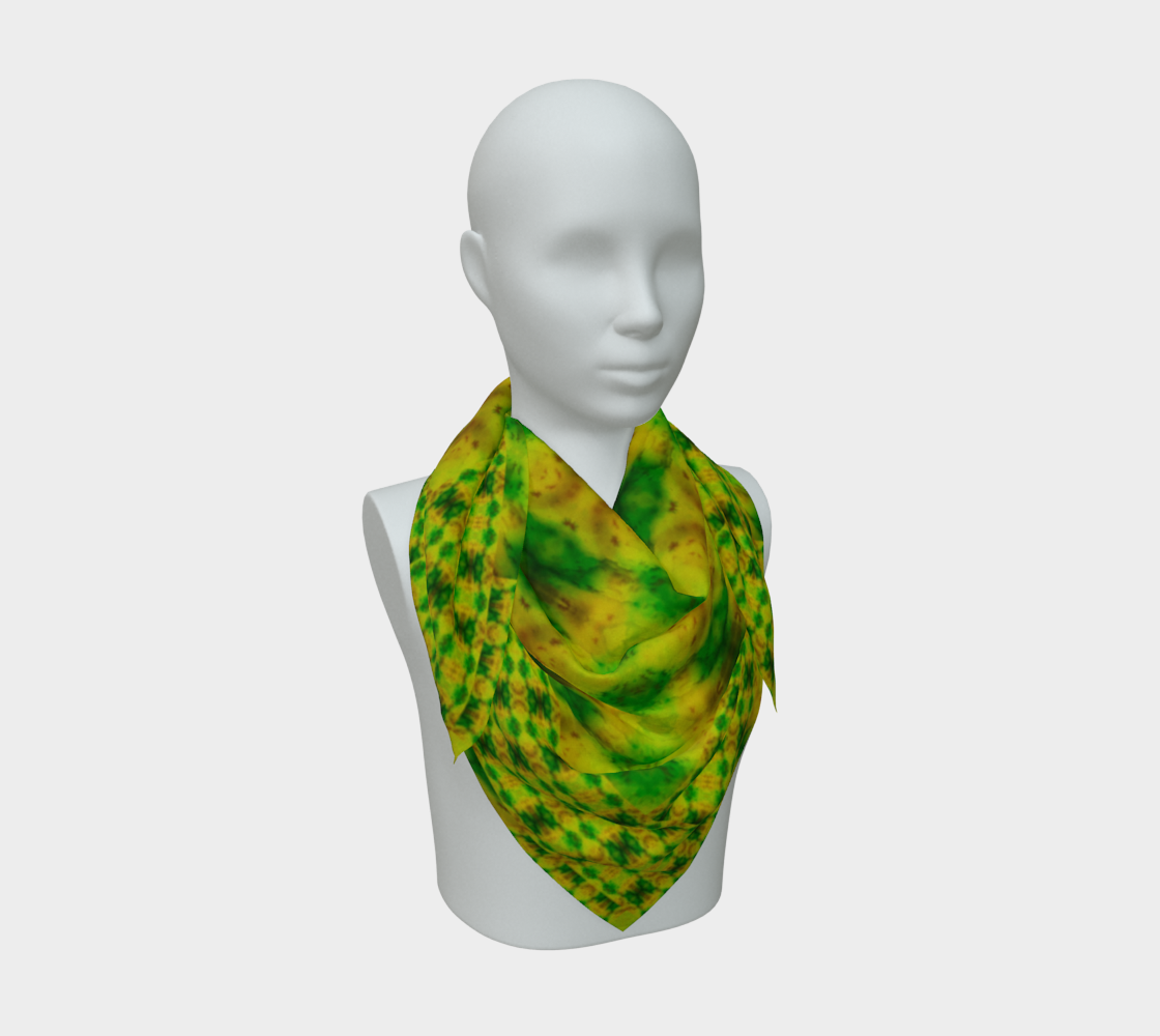 Yellow jade and green Purely Jade Light silk art scarf draped on a mannequin, showing a mottled mineral-jade field by RJSTH.
