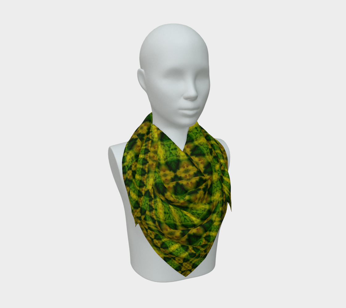 Green jade and yellow-gold Purely Jade Light silk art scarf draped on a mannequin, showing a checker-lattice field by RJSTH.