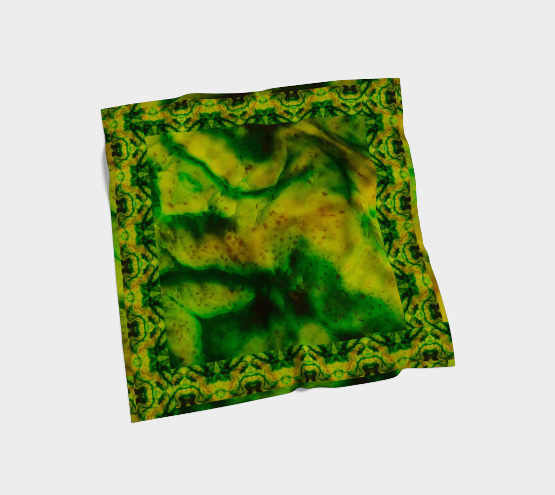 Green and yellow-gold Purely Jade Light silk art scarf laid flat, showing a framed central field with patterned border by RJSTH.