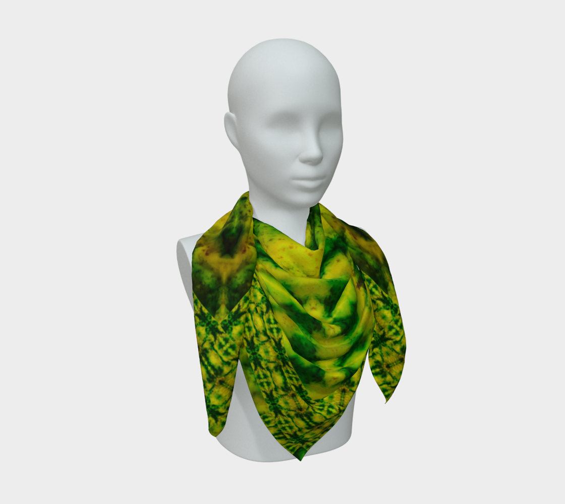 Yellow jade and green Purely Jade Light silk art scarf draped on a mannequin, showing a tighter repeat lattice field by RJSTH.