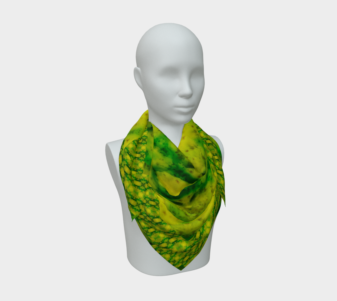 Yellow jade and vivid green Purely Jade Light silk art scarf draped on a mannequin, showing a diagonal lattice field by RJSTH.