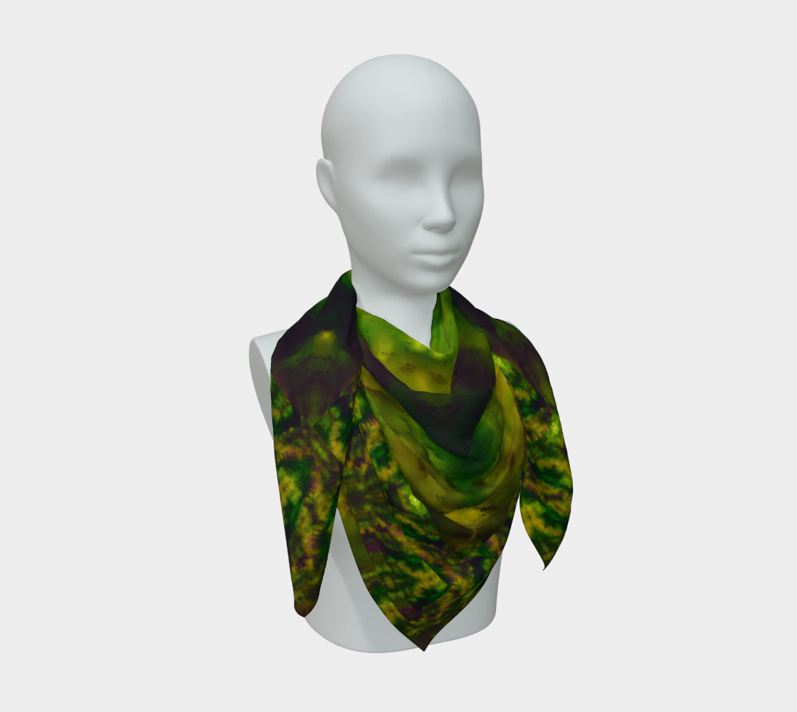 Yellow-gold, deep green, and muted violet Purely Jade Light silk art scarf draped on a mannequin, showing a denser chambered mineral field by RJSTH.