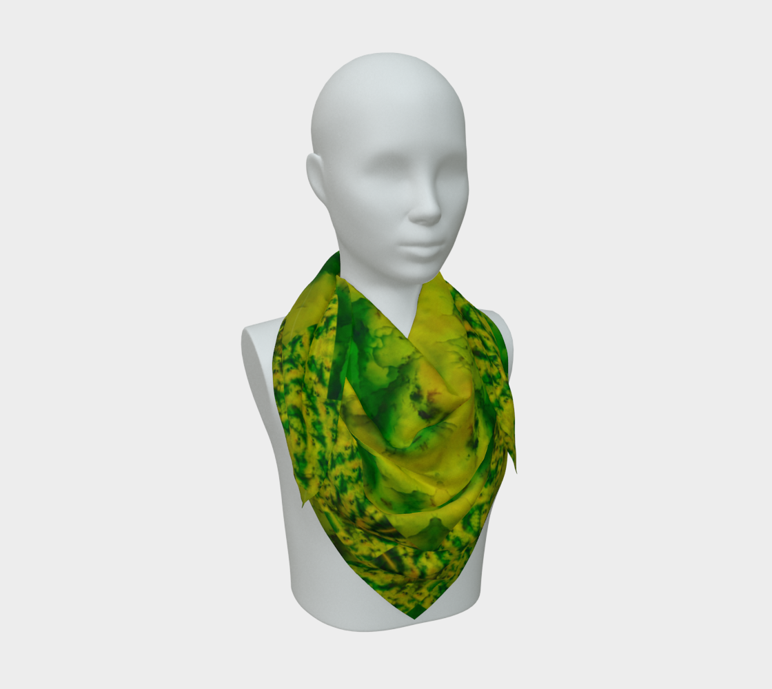 Yellow jade and green Purely Jade Light silk art scarf draped on a mannequin, showing a layered mineral field by RJSTH.