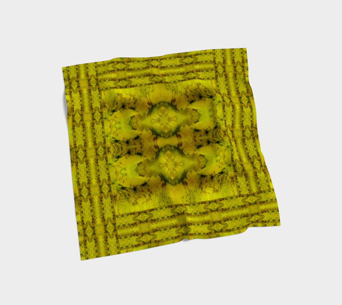 Bright yellow jade with olive-brown and green Purely Jade Light silk art scarf laid flat, showing a framed central medallion-panel with striped border by RJSTH.