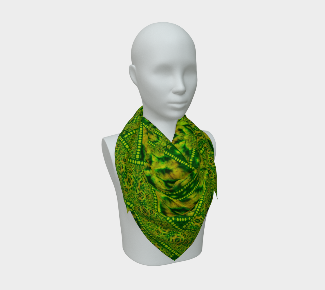 Green jade and yellow-gold Purely Jade Light silk art scarf draped on a mannequin, showing a banded medallion-lattice field by RJSTH.