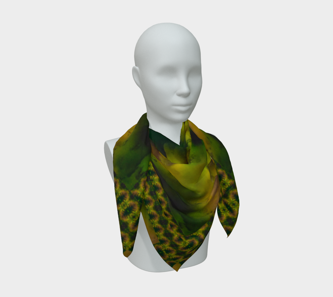 Bright yellow-green and dark green Purely Jade Light silk art scarf draped on a mannequin, showing a denser striped lattice field by RJSTH.
