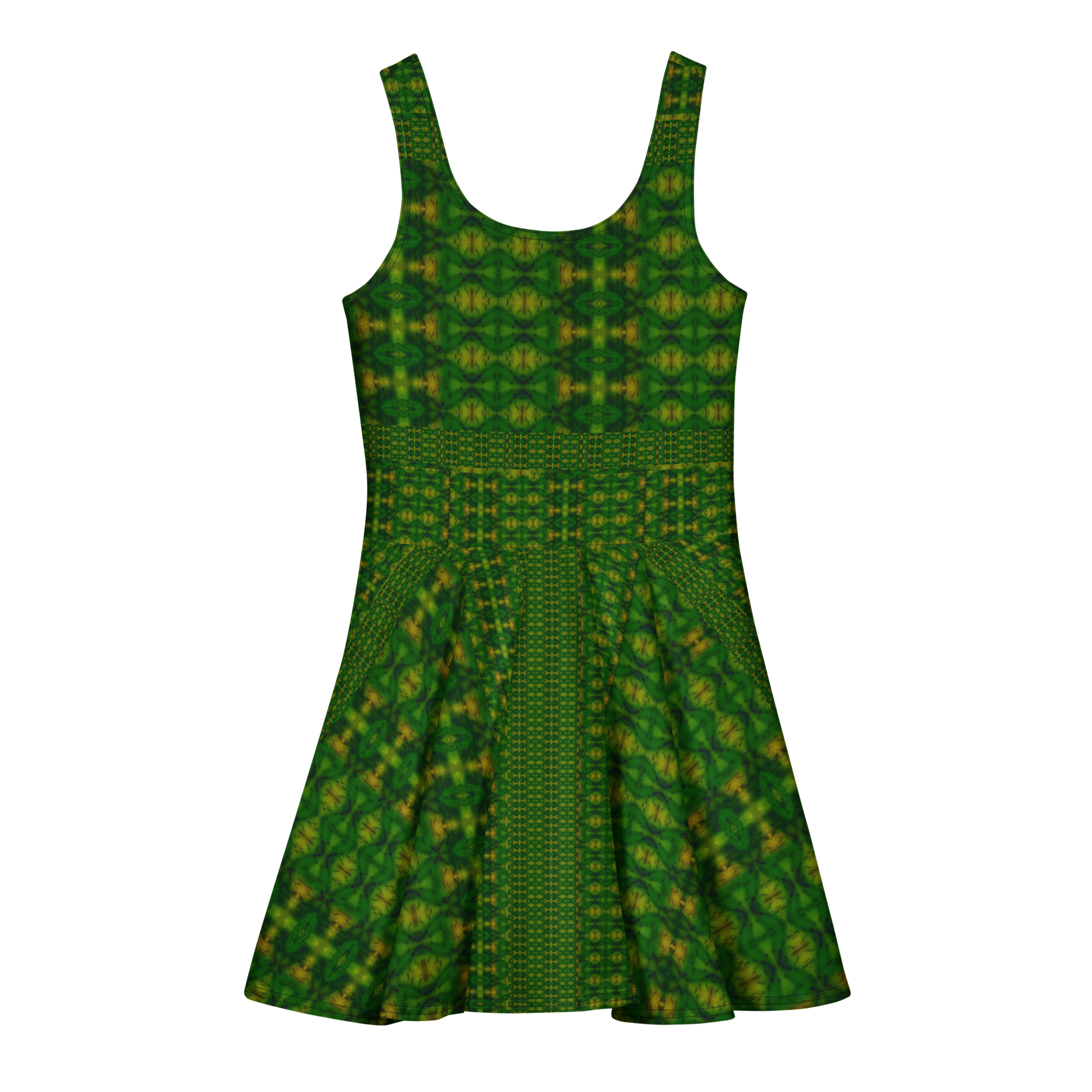 Purely Jade Light sleeveless Cotton Skater Dress with deep green jade-light print, back view with fitted bodice and flared skirt