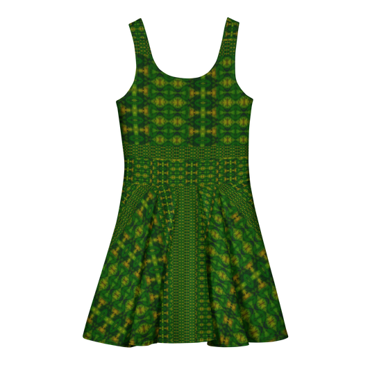 Purely Jade Light sleeveless Cotton Skater Dress with deep green jade-light print, back view with fitted bodice and flared skirt