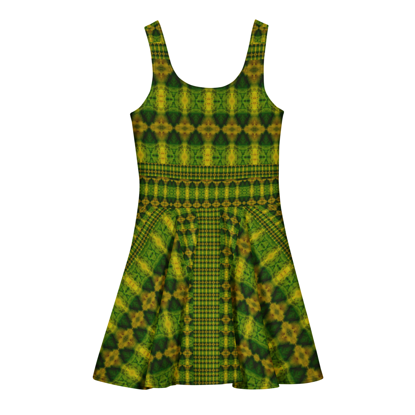 Purely Jade Light sleeveless Cotton Skater Dress with green-and-gold jade-light print, back view with fitted bodice and flared skirt