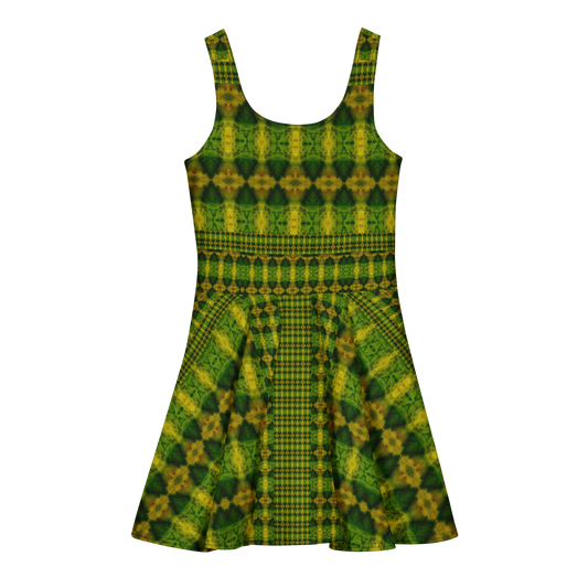 Purely Jade Light sleeveless Cotton Skater Dress with green-and-gold jade-light print, back view with fitted bodice and flared skirt