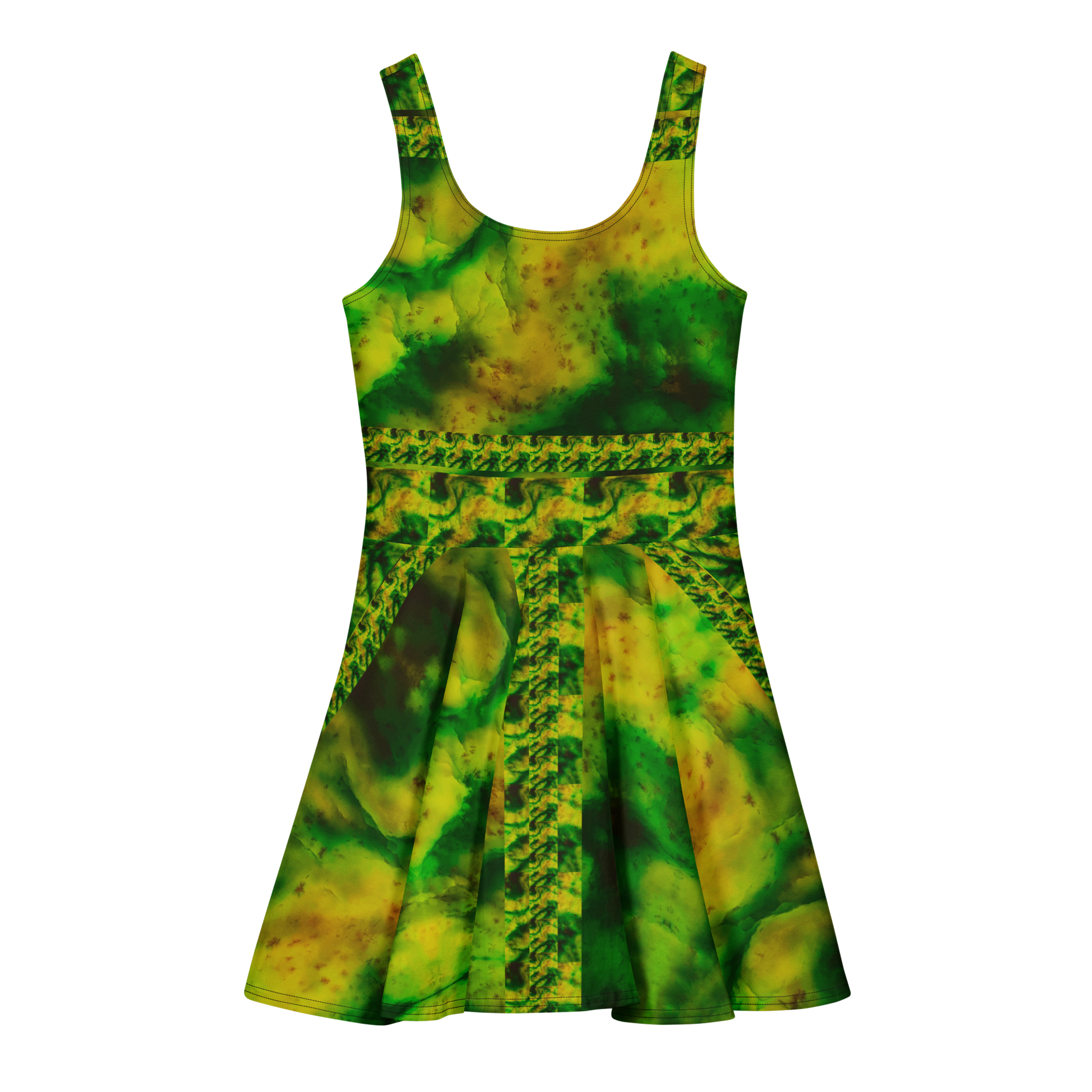 Purely Jade Light sleeveless Cotton Skater Dress with yellow-green and deep green jade-light print, back view with fitted bodice and flared skirt