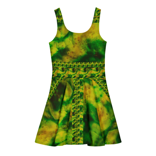 Purely Jade Light sleeveless Cotton Skater Dress with yellow-green and deep green jade-light print, back view with fitted bodice and flared skirt