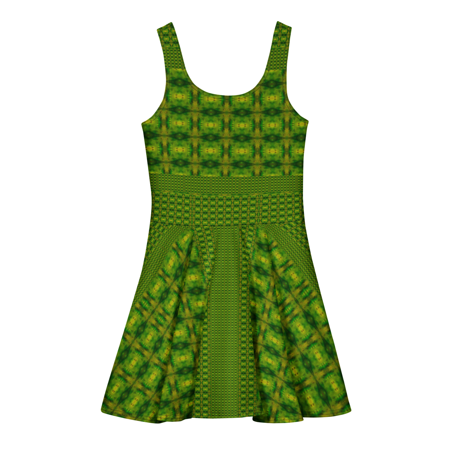 Purely Jade Light sleeveless Cotton Skater Dress with green-and-gold jade-light print, back view with fitted bodice and flared skirt