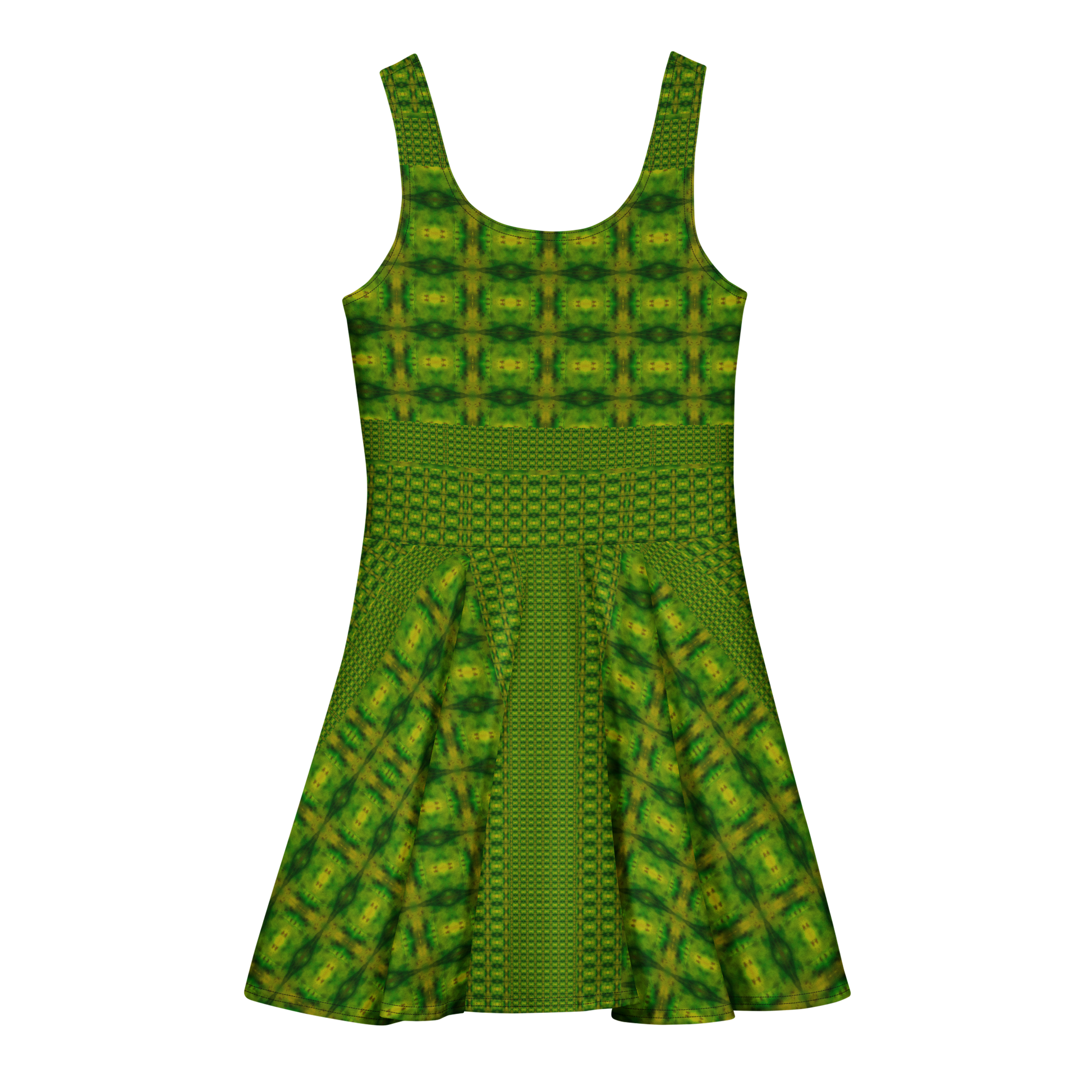 Purely Jade Light sleeveless Cotton Skater Dress with green-and-gold jade-light print, back view with fitted bodice and flared skirt