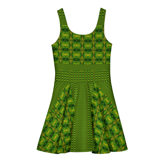 Purely Jade Light sleeveless Cotton Skater Dress with green-and-gold jade-light print, back view with fitted bodice and flared skirt
