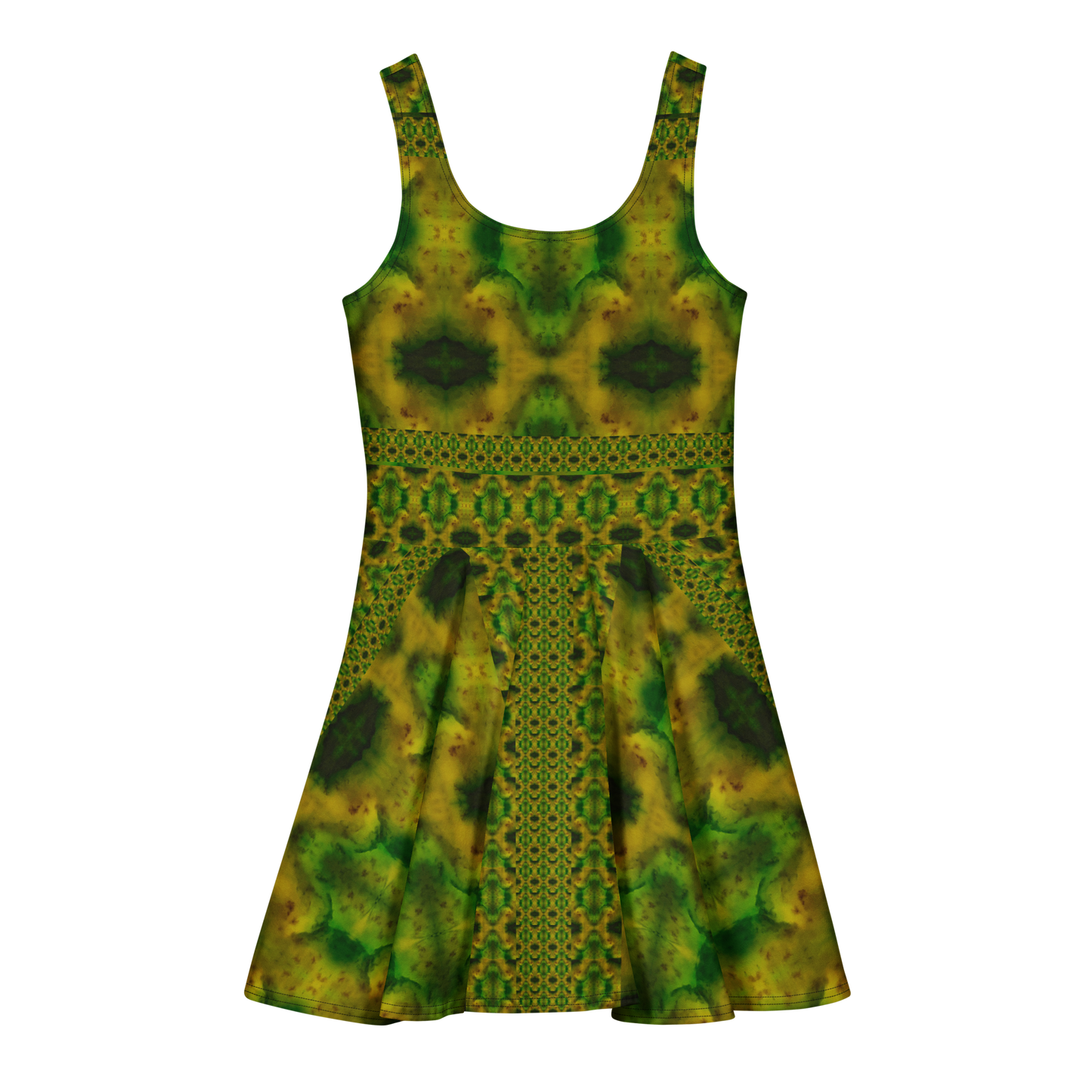 Purely Jade Light sleeveless Cotton Skater Dress with gold-green jade-light print with deep green accents, back view with fitted bodice and flared skirt