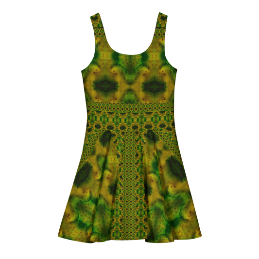 Purely Jade Light sleeveless Cotton Skater Dress with gold-green jade-light print with deep green accents, back view with fitted bodice and flared skirt