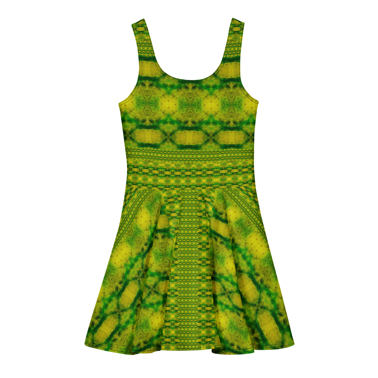 Purely Jade Light sleeveless Cotton Skater Dress with yellow-green jade-light print, back view with fitted bodice and flared skirt