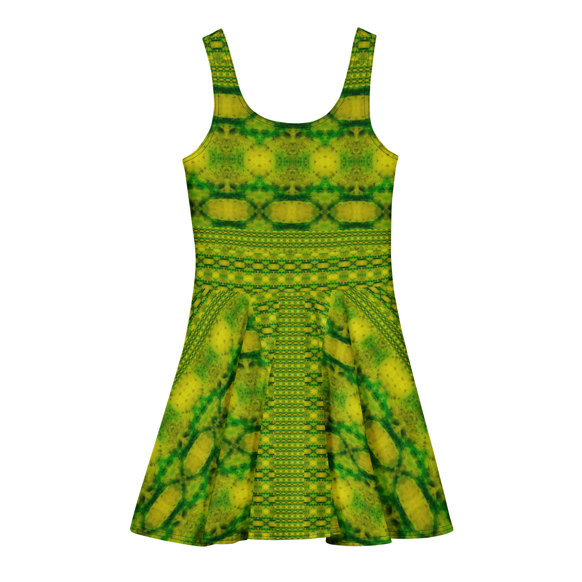 Purely Jade Light sleeveless Cotton Skater Dress with yellow-green jade-light print, back view with fitted bodice and flared skirt