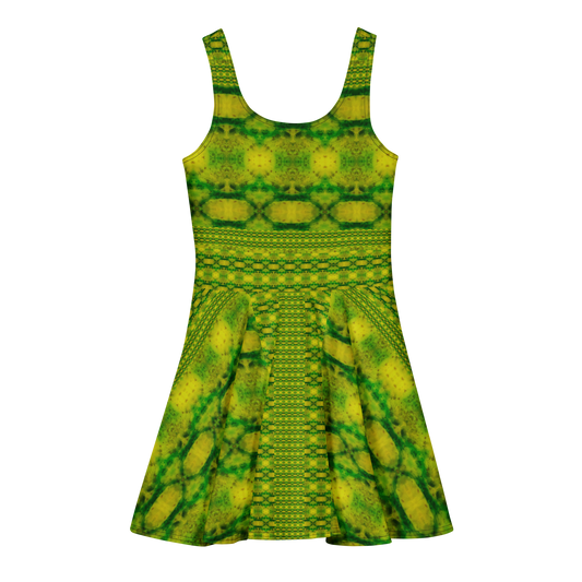 Purely Jade Light sleeveless Cotton Skater Dress with yellow-green jade-light print, back view with fitted bodice and flared skirt