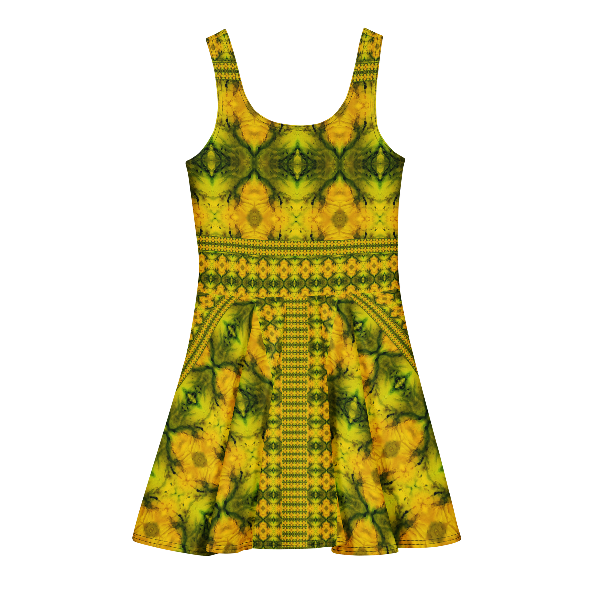 Purely Jade Light sleeveless Cotton Skater Dress with gold jade-light print with green accents, back view with fitted bodice and flared skirt