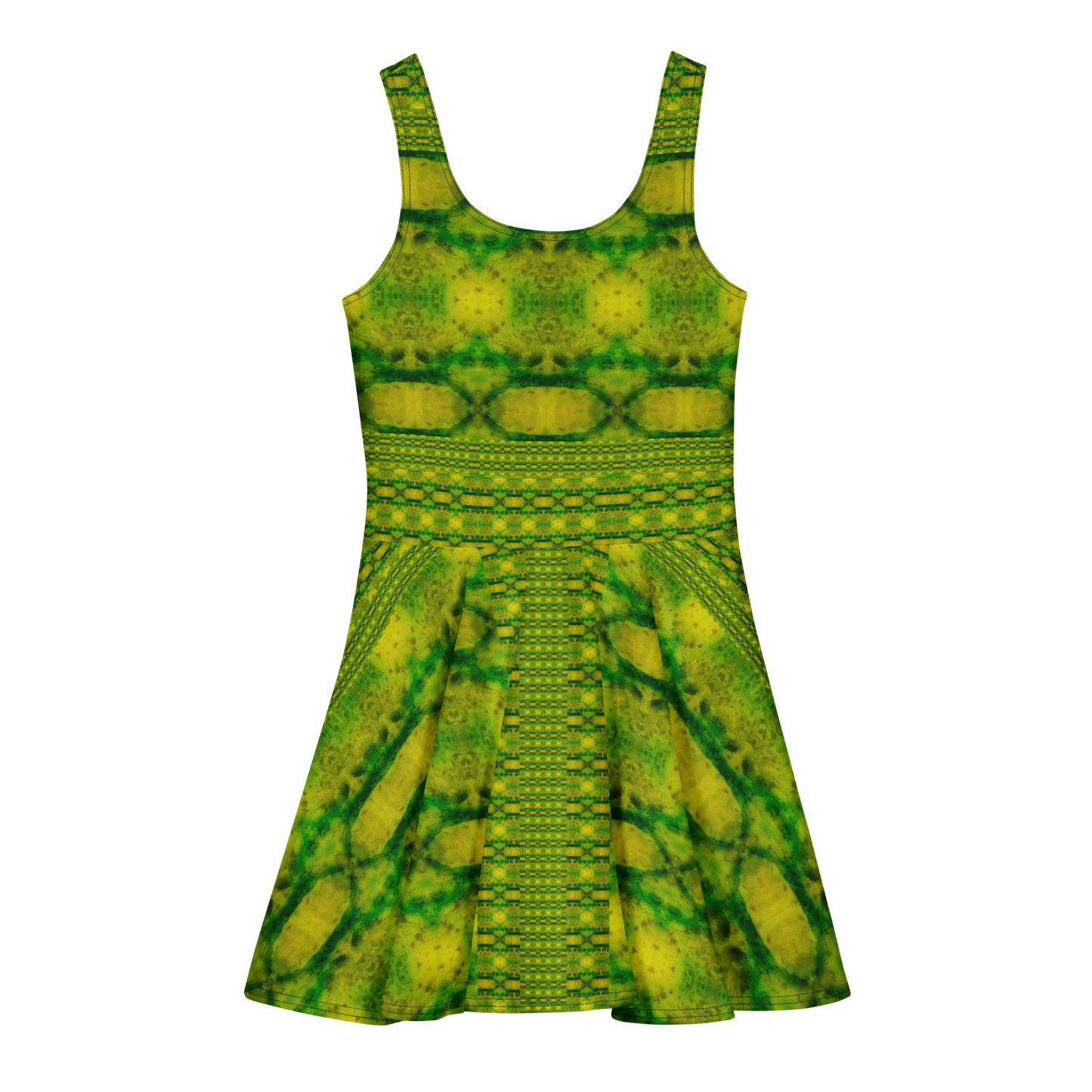 Purely Jade Light sleeveless Cotton Skater Dress with yellow-green jade-light print, back view with fitted bodice and flared skirt