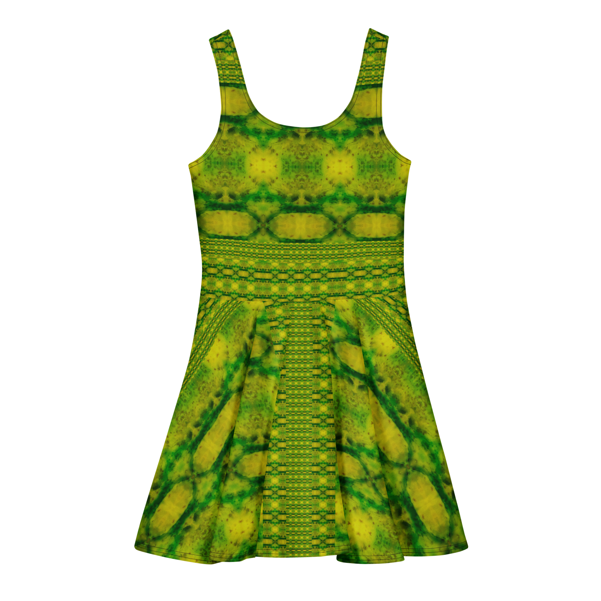 Purely Jade Light sleeveless Cotton Skater Dress with yellow-green jade-light print, back view with fitted bodice and flared skirt
