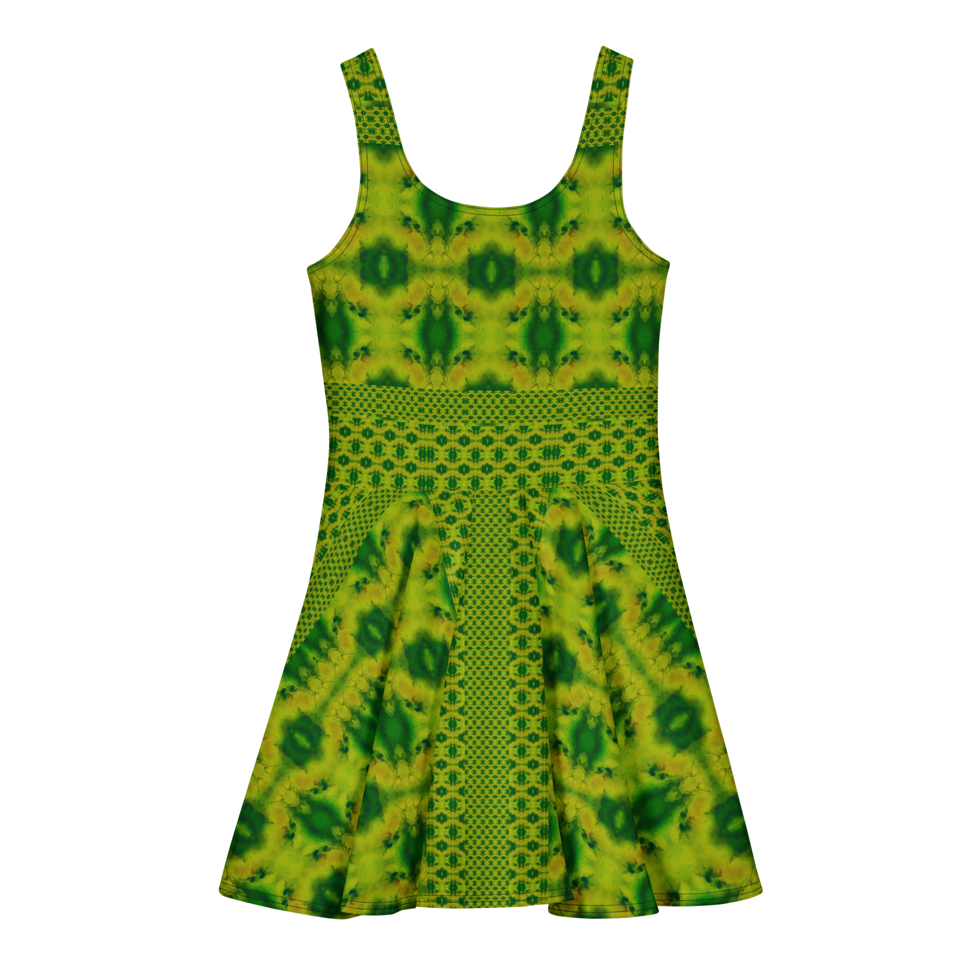 Purely Jade Light sleeveless Cotton Skater Dress with yellow-green jade-light print with deep green accents, back view with fitted bodice and flared skirt