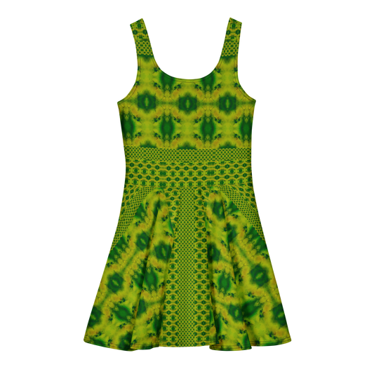 Purely Jade Light sleeveless Cotton Skater Dress with yellow-green jade-light print with deep green accents, back view with fitted bodice and flared skirt