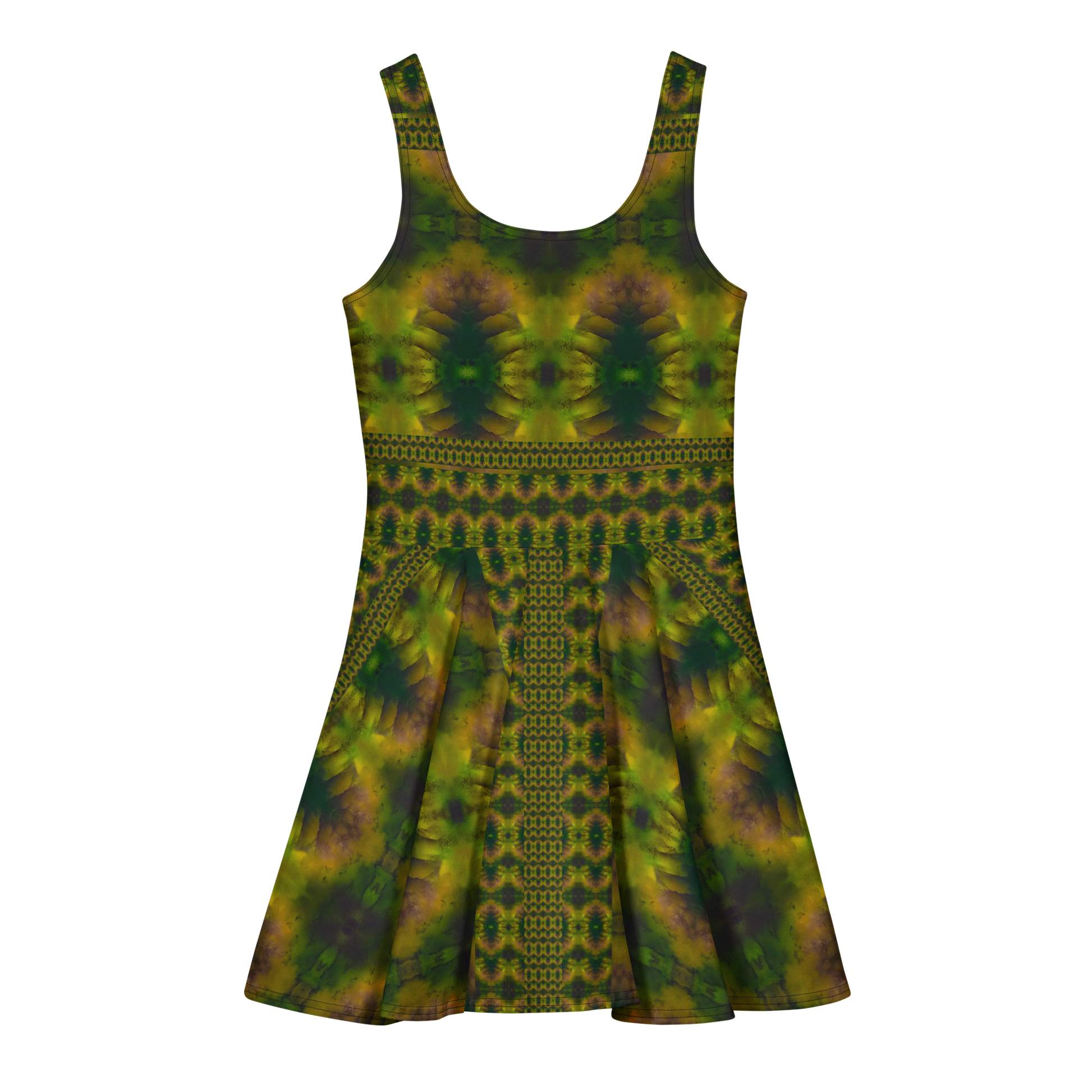 Purely Jade Light sleeveless Cotton Skater Dress with moss-green jade-light print with yellow-gold and muted plum shadow, back view with fitted bodice and flared skirt