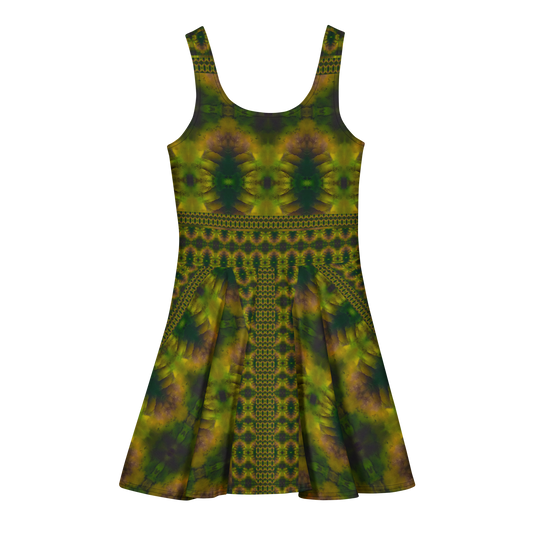 Purely Jade Light sleeveless Cotton Skater Dress with moss-green jade-light print with yellow-gold and muted plum shadow, back view with fitted bodice and flared skirt