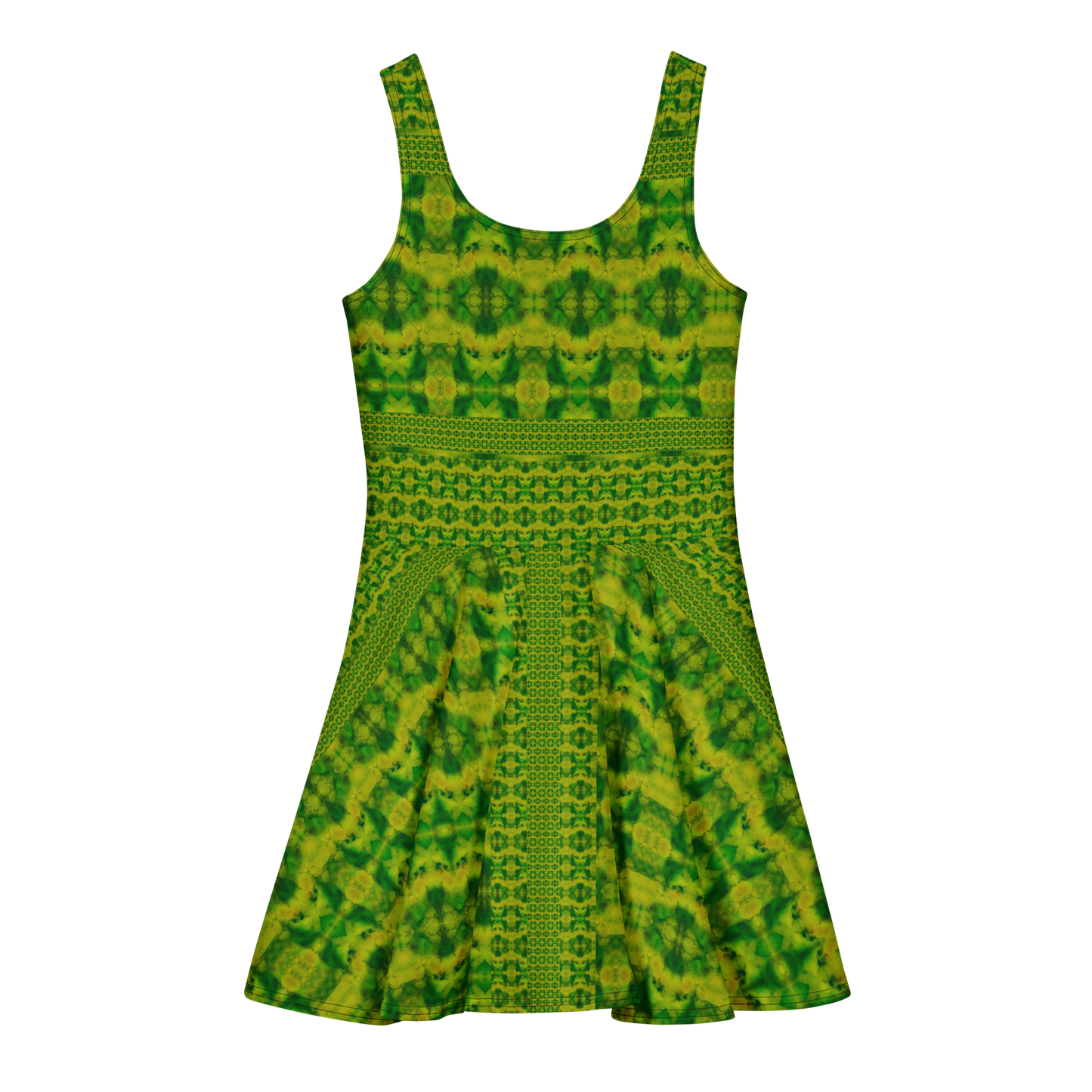 Purely Jade Light sleeveless Cotton Skater Dress with green-and-gold jade-light print, back view with fitted bodice and flared skirt