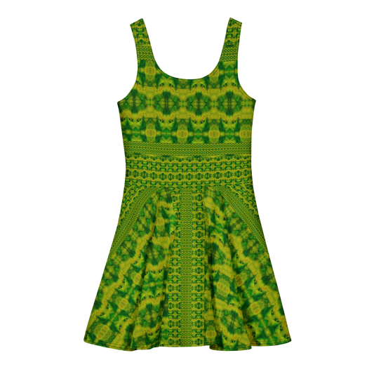 Purely Jade Light sleeveless Cotton Skater Dress with green-and-gold jade-light print, back view with fitted bodice and flared skirt