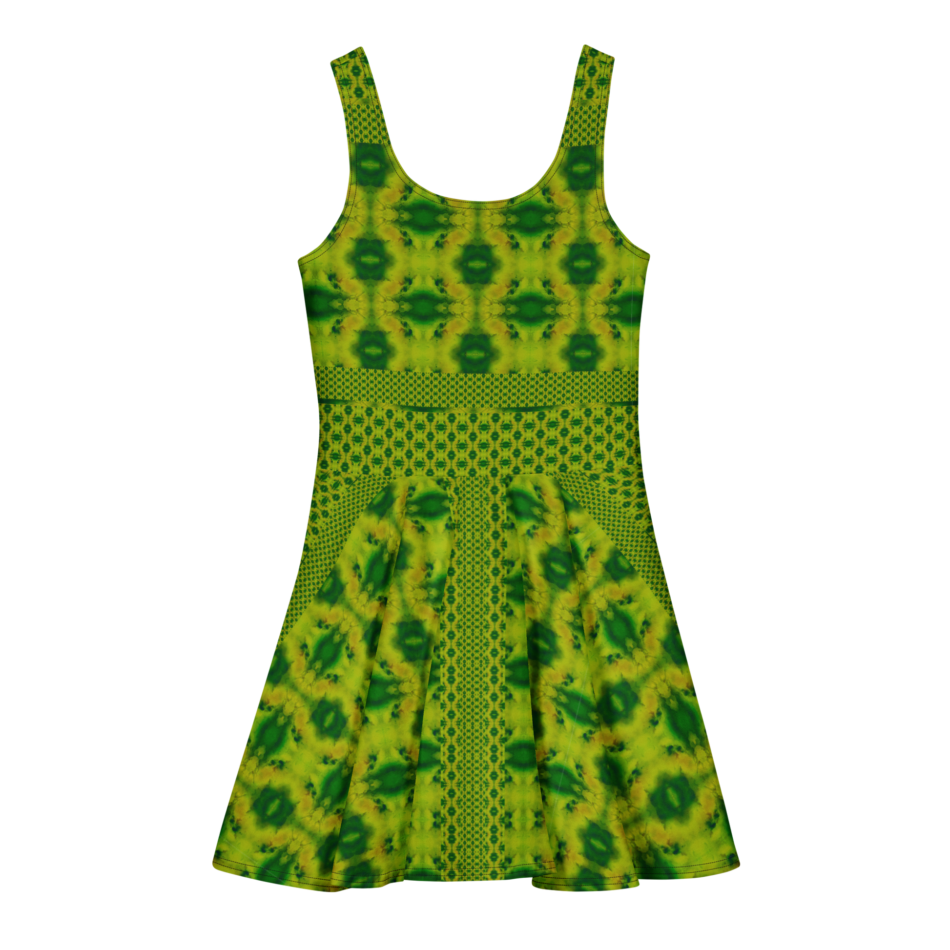 Purely Jade Light sleeveless Cotton Skater Dress with yellow-green jade-light print with deep green accents, back view with fitted bodice and flared skirt