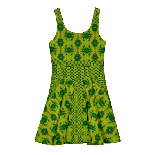 Purely Jade Light sleeveless Cotton Skater Dress with yellow-green jade-light print with deep green accents, back view with fitted bodice and flared skirt