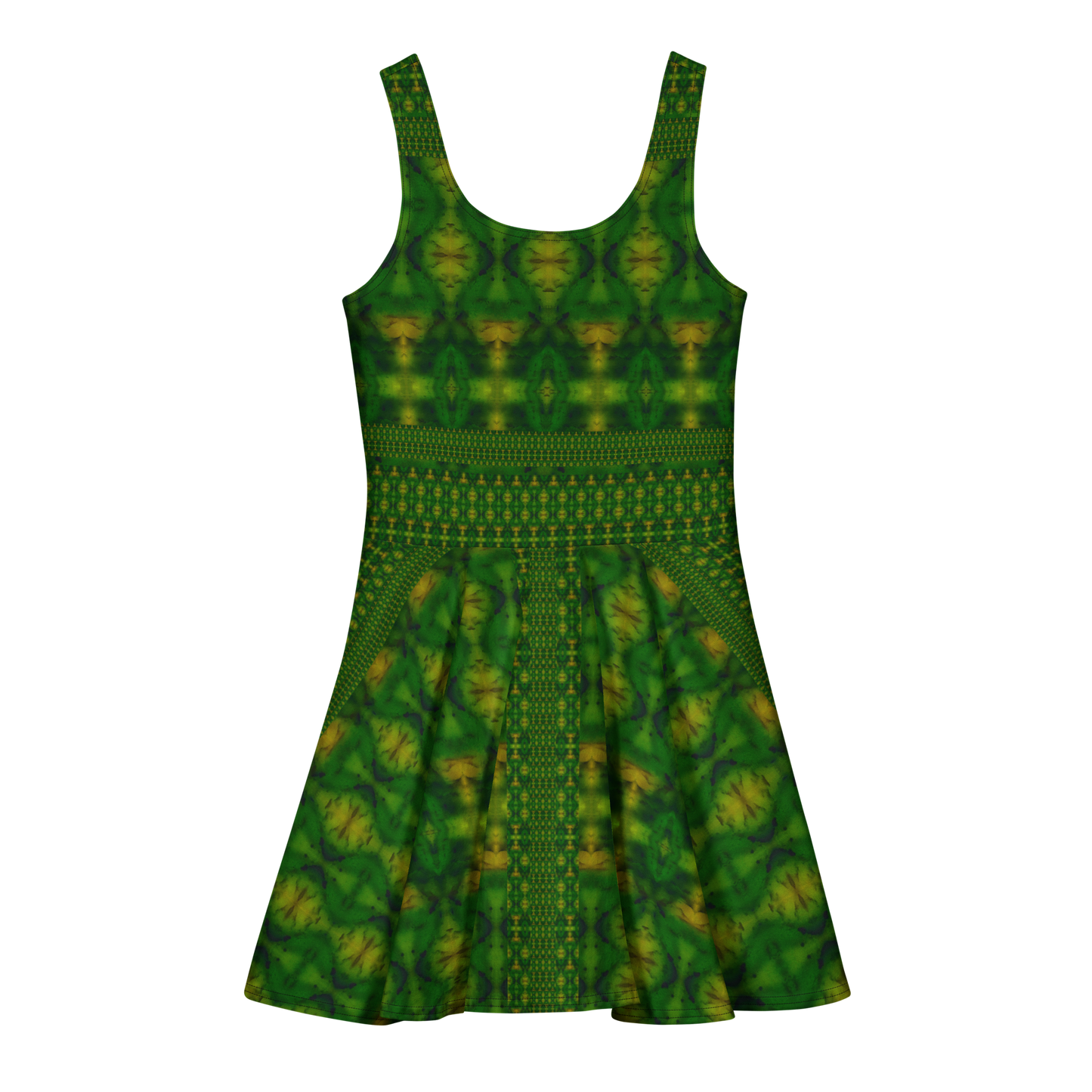 Purely Jade Light sleeveless Cotton Skater Dress with deep green jade-light print with gold highlights, back view with fitted bodice and flared skirt