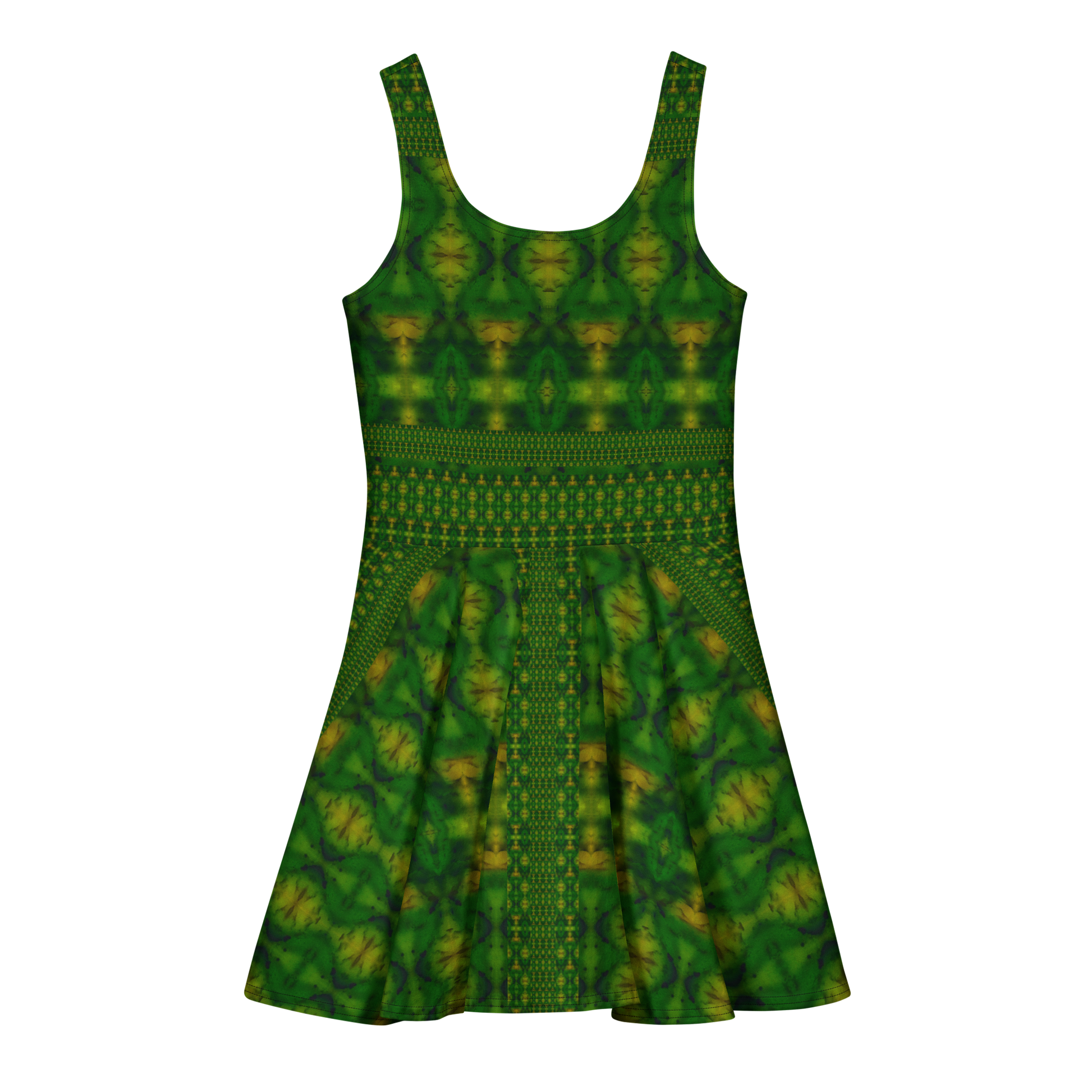 Purely Jade Light sleeveless Cotton Skater Dress with deep green jade-light print with gold highlights, back view with fitted bodice and flared skirt