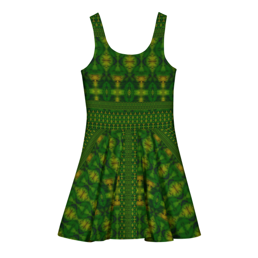 Purely Jade Light sleeveless Cotton Skater Dress with deep green jade-light print with gold highlights, back view with fitted bodice and flared skirt