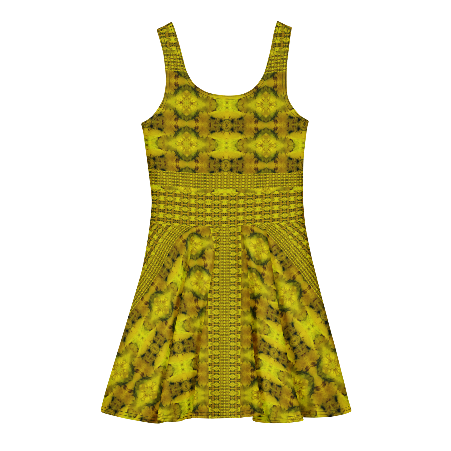 Purely Jade Light sleeveless Cotton Skater Dress with gold jade-light print with green shadows, back view with fitted bodice and flared skirt