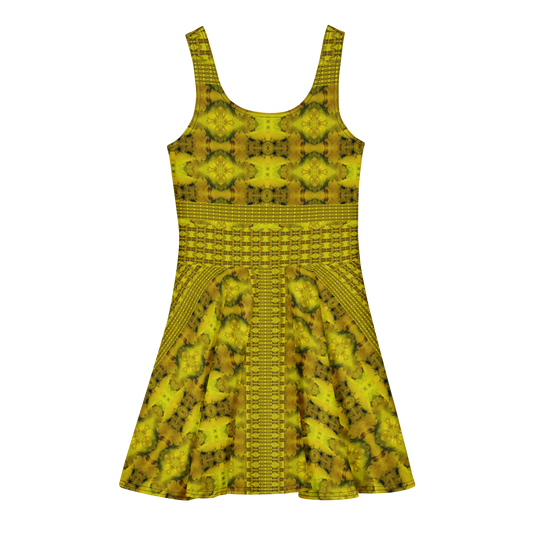 Purely Jade Light sleeveless Cotton Skater Dress with gold jade-light print with green shadows, back view with fitted bodice and flared skirt