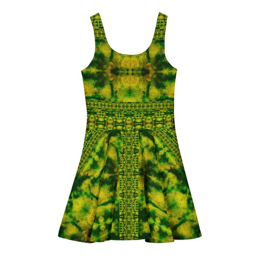Purely Jade Light sleeveless Cotton Skater Dress with green-and-gold jade-light print, back view with fitted bodice and flared skirt