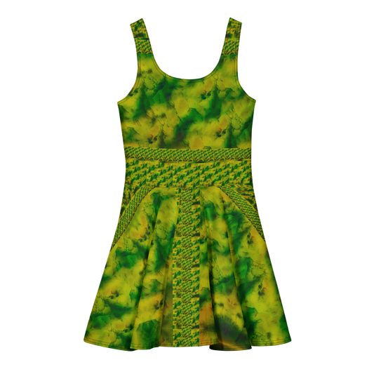 Purely Jade Light sleeveless Cotton Skater Dress with yellow-green and green jade-light print, back view with fitted bodice and flared skirt
