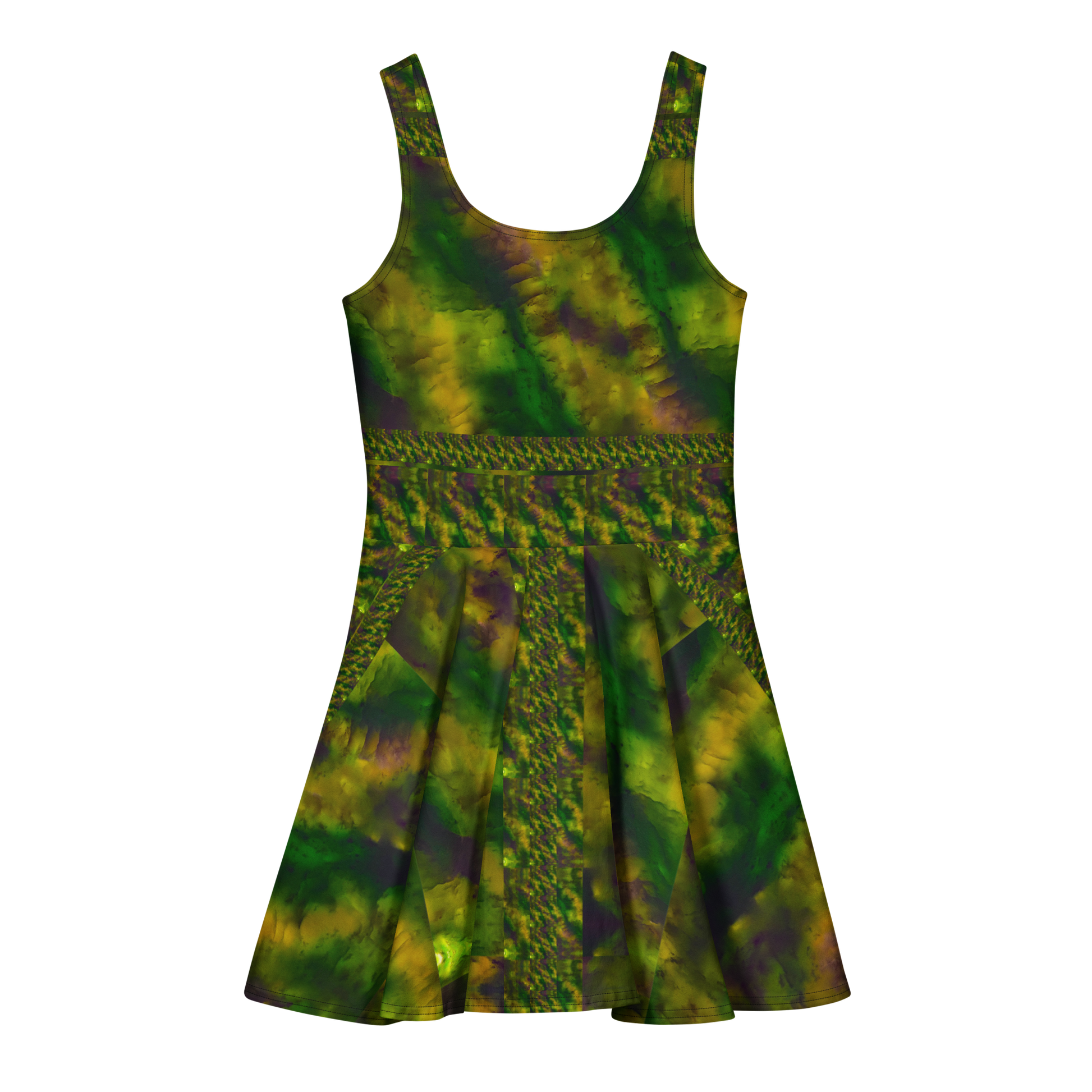 Purely Jade Light sleeveless Cotton Skater Dress with green-and-gold jade-light print with muted plum shadow, back view with fitted bodice and flared skirt