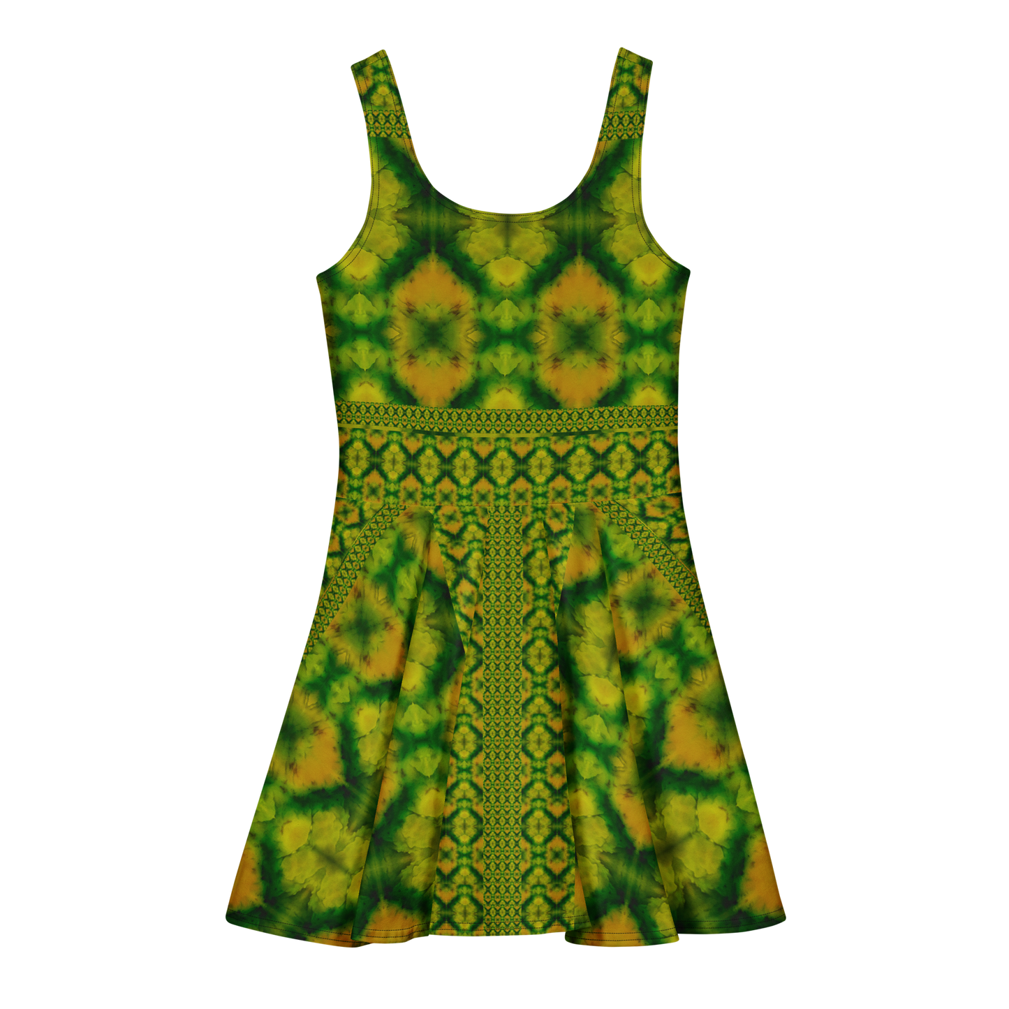 Purely Jade Light sleeveless Cotton Skater Dress with green-and-gold jade-light print, back view with fitted bodice and flared skirt